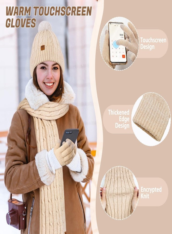Horolam Winter Hat Scarf Gloves Set, Warm Knit Beanie Hat with Pom Pom Touch Screen Gloves for Women for Christmas Cold Weather Gifts - Image 3